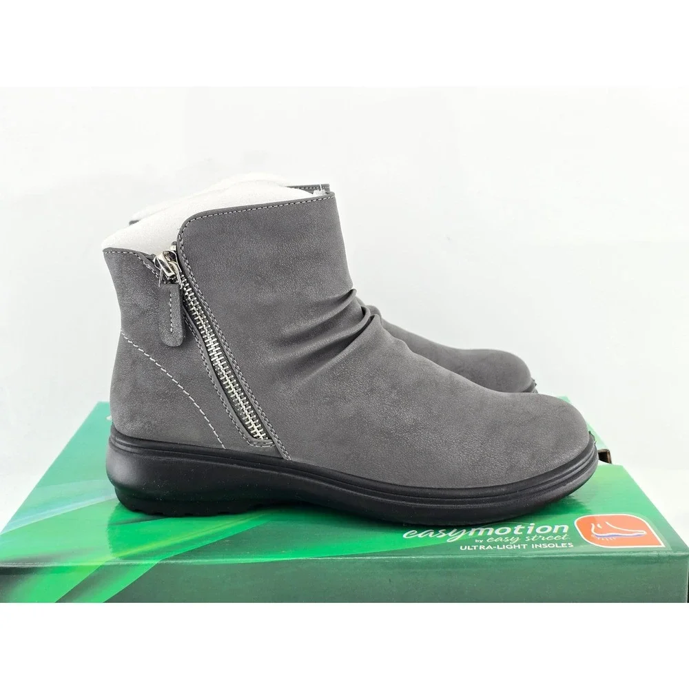 Easy Street Lyra Ankle Boots Women 5.5 Grey Matte Ruched Side Zip - New